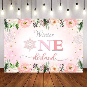 Mocsicka Winter Onederland Pink Snowflakes Birthday Backdrop-Mocsicka Party