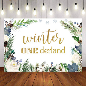Mocsicka Winter Onederland Flowers Snowflakes Birthday Backdrop-Mocsicka Party
