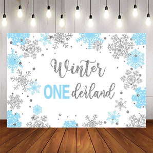 Mocsicka Blue and Sliver Snowflakes Winter Onederland Backdrop-Mocsicka Party