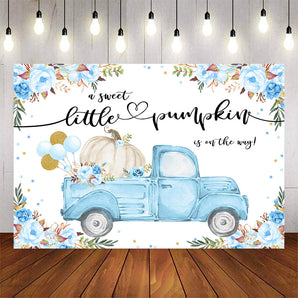 Mocsicka Sky Blue Truck and Pumpkins Baby Shower Backdrop-Mocsicka Party