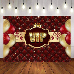 Mocsicka Red and Golden Balloons and Crown VIP Birthday Backdrop-Mocsicka Party