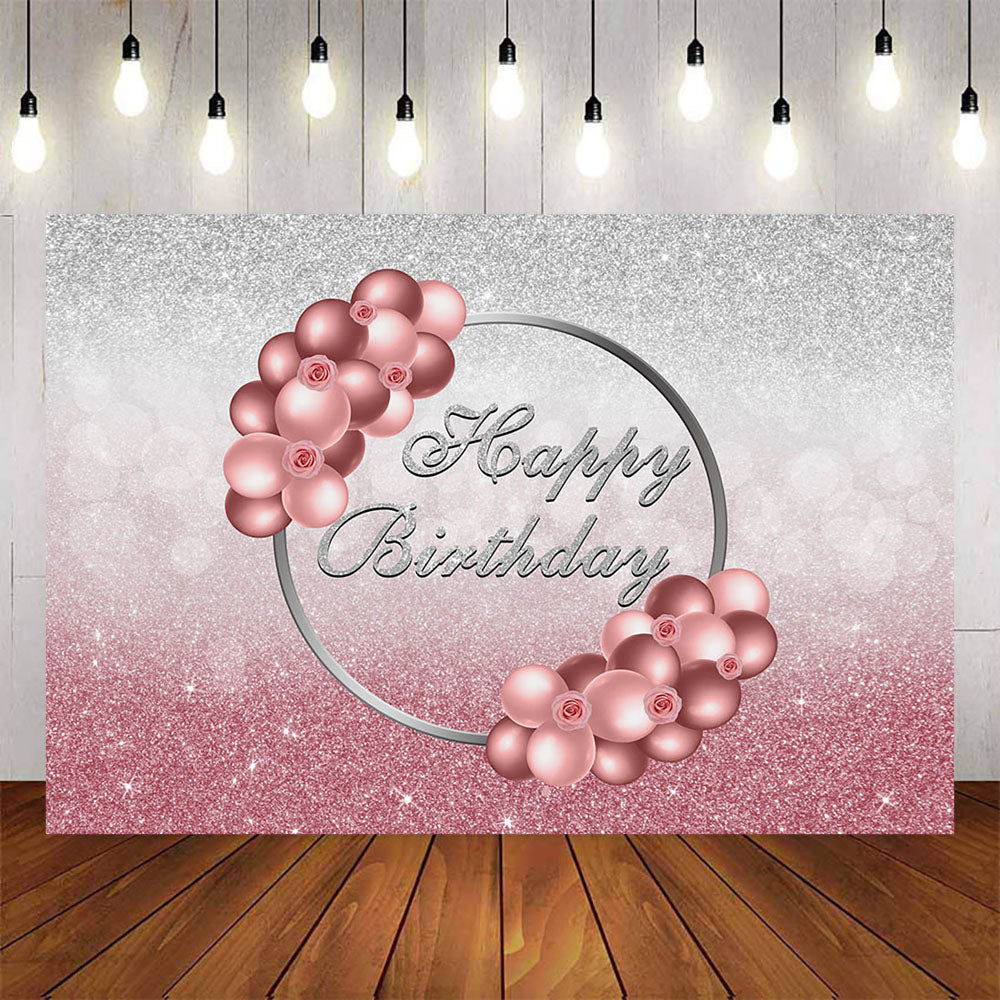 Mocsicka Sliver and Pink Dots and Balloons Happy Birthday Backdrop-Mocsicka Party