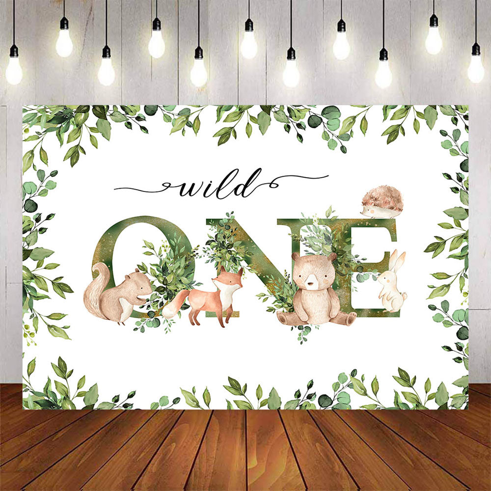 Mocsicka Wild One Little Animals and Green Leaves Birthday Backdrop-Mocsicka Party