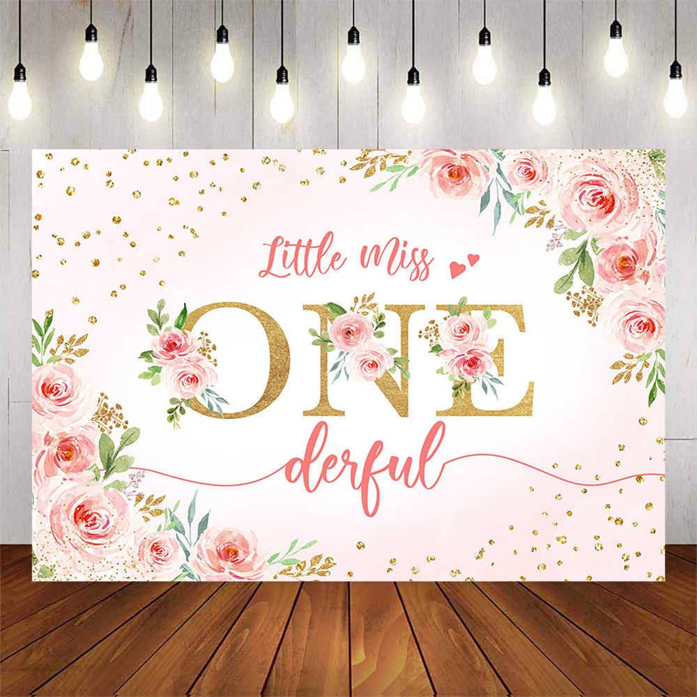 Mocsicka Little Miss Onederful Pink Flowers Gold Dots Birthday Backdrop-Mocsicka Party