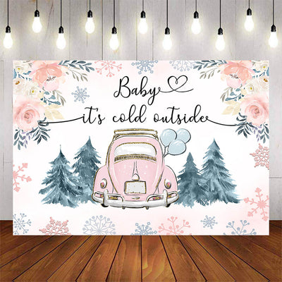 Mocsicka Baby It's Cold Outside Pink Car and Snowflakes Baby Shower Backdrop-Mocsicka Party