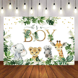 Mocsicka It's a Boy Little Animals and Plam Leaves Baby Shower Background-Mocsicka Party