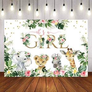 Mocsicka It's a Girl Little Animals Plam Leaves Baby Shower Backdrop-Mocsicka Party