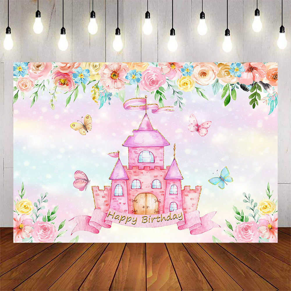 Mocsicka Pink Castle and Flowers Happy Birthday Background-Mocsicka Party