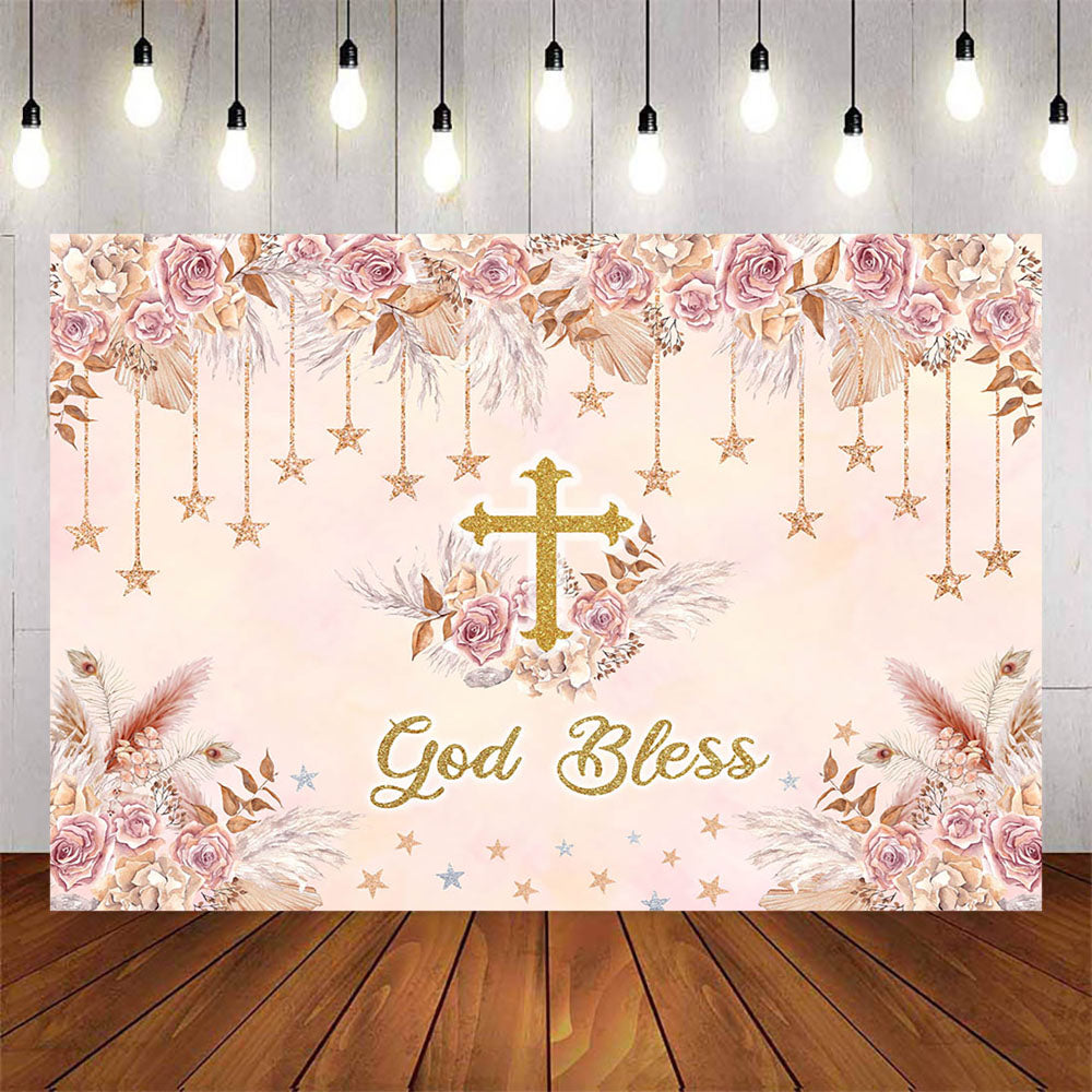 Mocsicka Pink Flowers and Stars God Bless Baby Shower Backdrop-Mocsicka Party