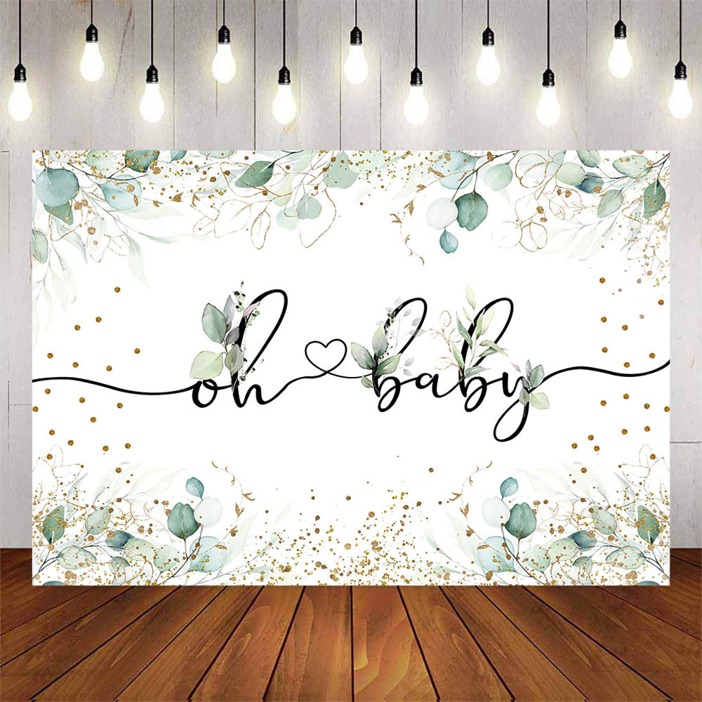 Mocsicka Green Leaves and Gold Dots Oh Baby Shower Backdrop-Mocsicka Party