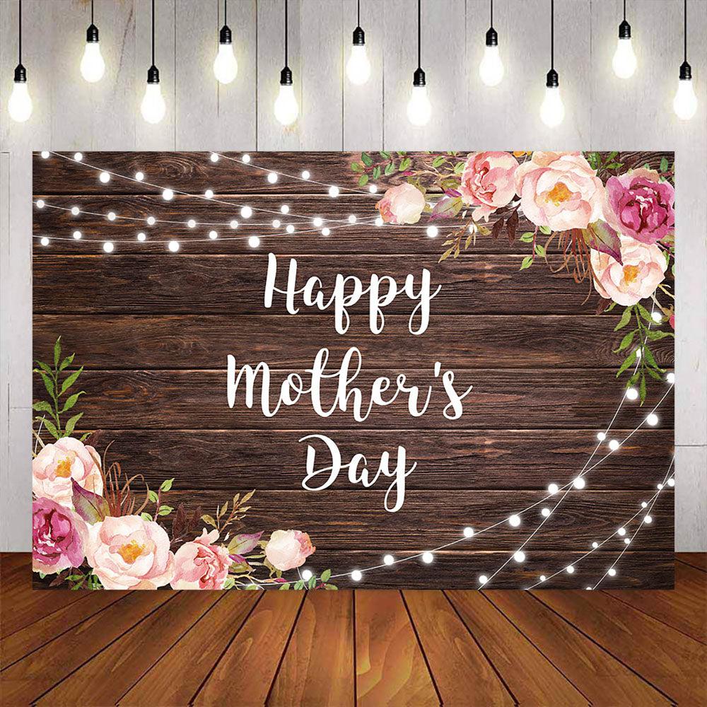 Mocsicka Pink Flowers and Wooden Floor Happy Mother's Day Backdrop-Mocsicka Party