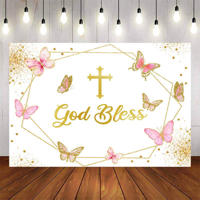 Mocsicka Pink and Gold Butterfly God Bless Baby Shower Backdrop-Mocsicka Party