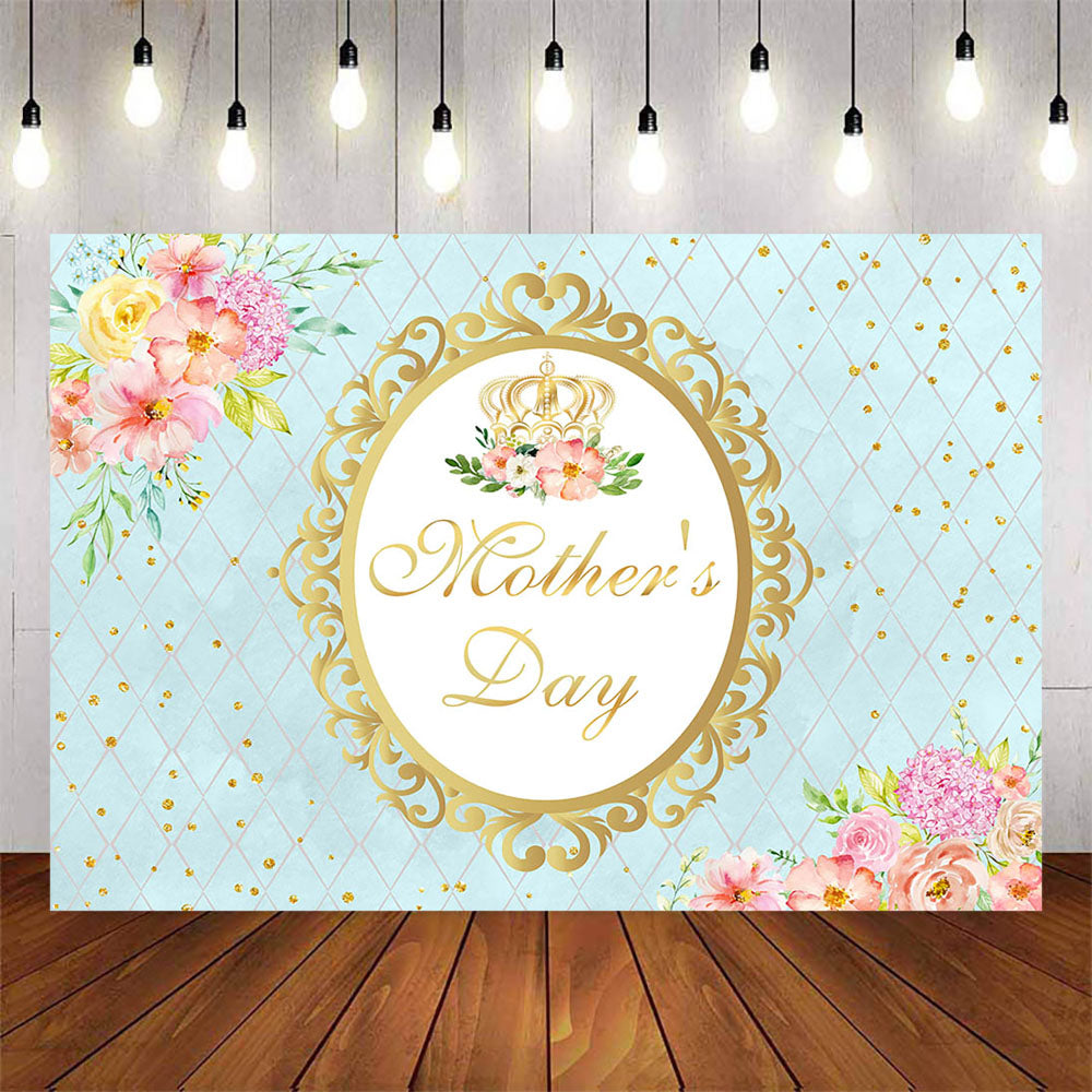 Mocsicka Pink Flowers and Blue Diamond Grid Happy Mother's Day Backdrop-Mocsicka Party