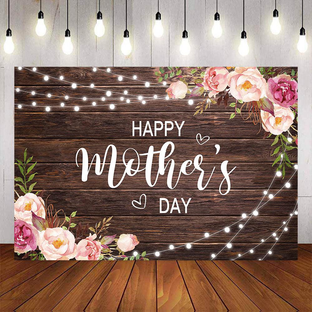 Mocsicka Pink Flowers and Wooden Board Happy Mother's Day Backdrop-Mocsicka Party