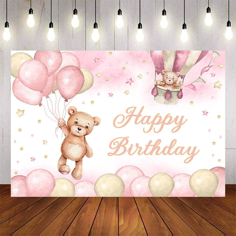 Mocsicka Pink Bear and Balloons Happy Birthday Backdrop-Mocsicka Party