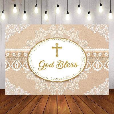 Mocsicka Lace and Gold Cross God Bless Baby Shower Backdrop-Mocsicka Party