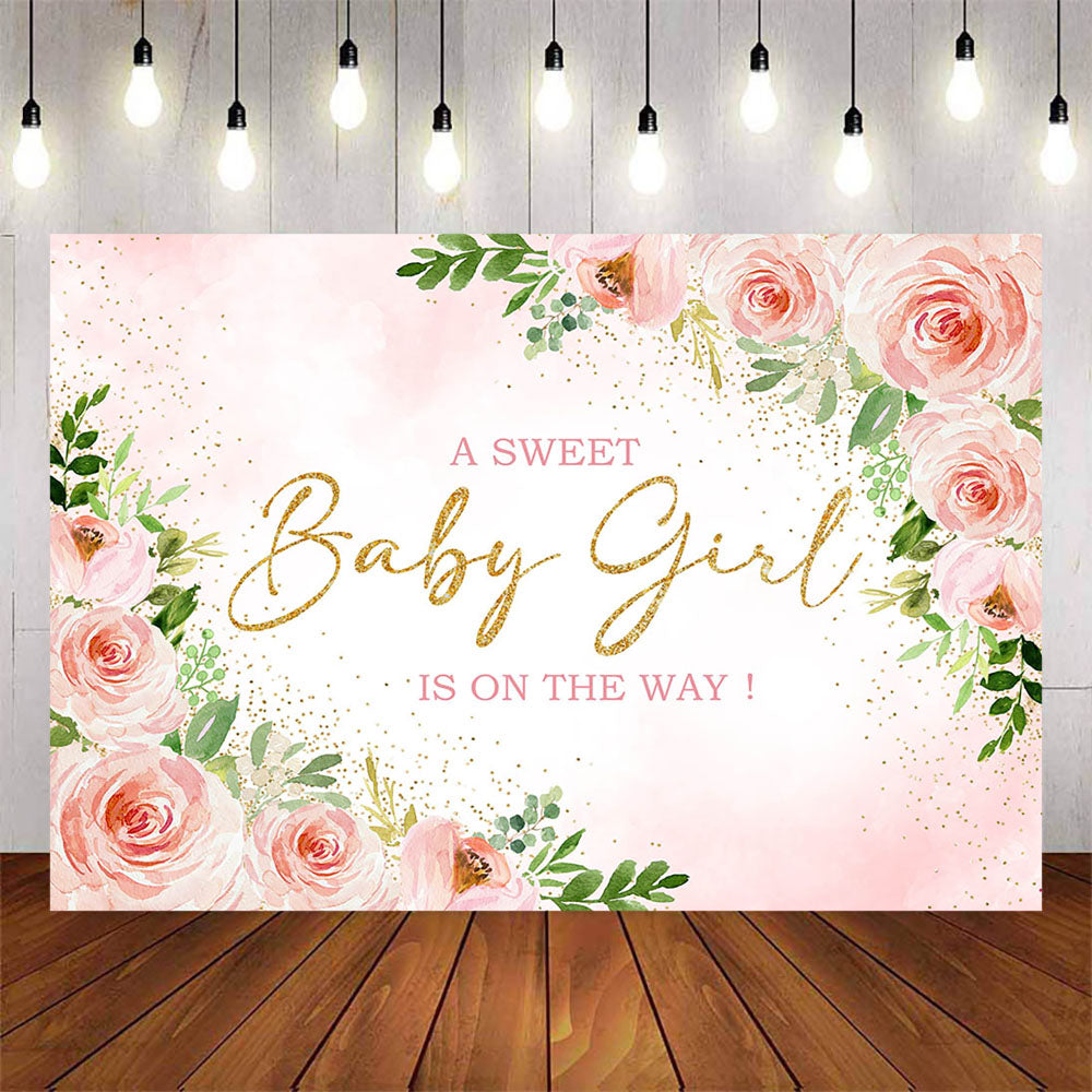 Mocsicka Pink Flowers and Gold Dots Sweet Girl Baby Shower Backdrop-Mocsicka Party