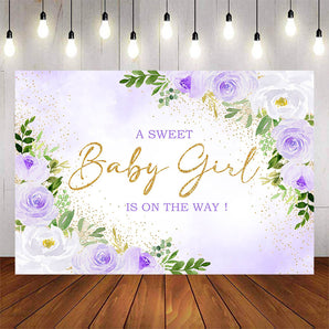 Mocsicka Purple Flowers and Gold Dots Sweet Girl Baby Shower Backdrop-Mocsicka Party