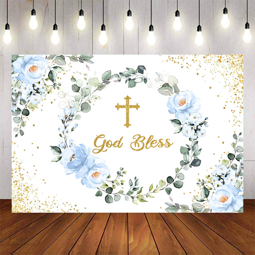 Mocsicka Blue Flowers Wreath and Gold Dots God Bless Backdrop-Mocsicka Party