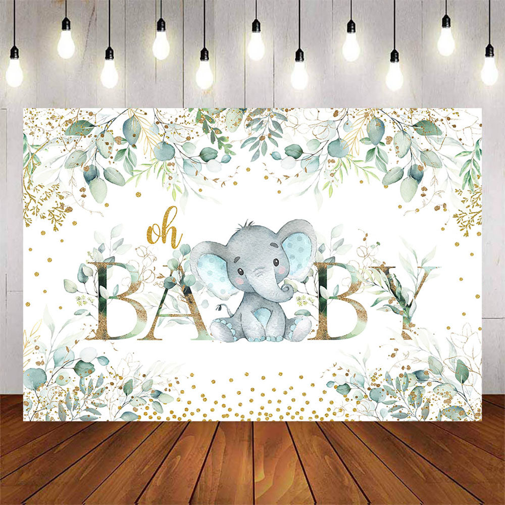 Mocsicka Green Leaves and Little Eelphant Oh Baby Shower Backdrop-Mocsicka Party