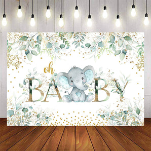 Mocsicka Green Leaves and Little Eelphant Oh Baby Shower Backdrop-Mocsicka Party
