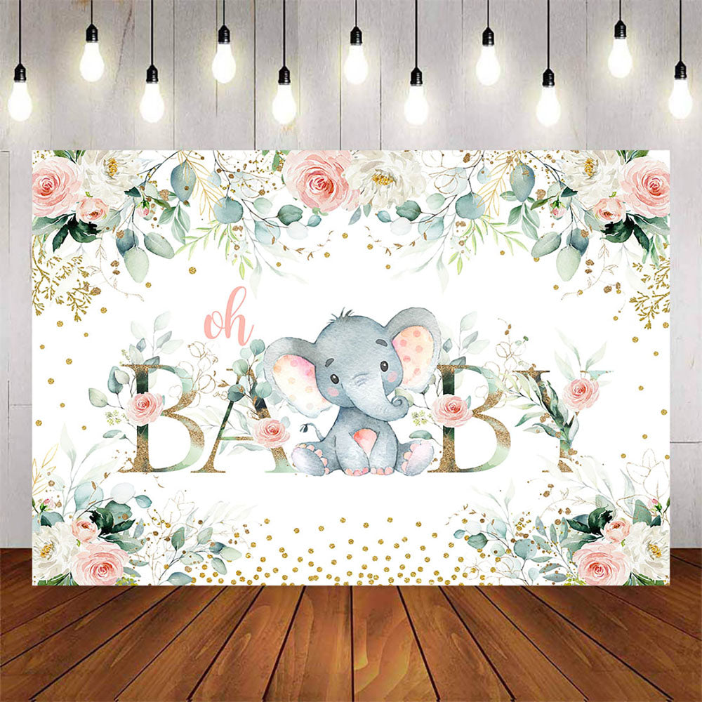 Mocsicka Green Leaves Pink Flowers and Little Eelphant Oh Baby Shower Backdrop-Mocsicka Party