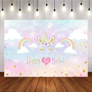 Mocsicka Unicorn Happy 1st Birthday Party Decor Rainbow and Little Stars Photo Background-Mocsicka Party