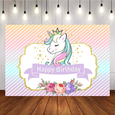 Mocsicka Unicorn Kids Birthday Party Backdrop Golden Dots Flowers Diagonal Stripes Background-Mocsicka Party