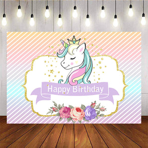 Mocsicka Unicorn Kids Birthday Party Backdrop Golden Dots Flowers Diagonal Stripes Background-Mocsicka Party
