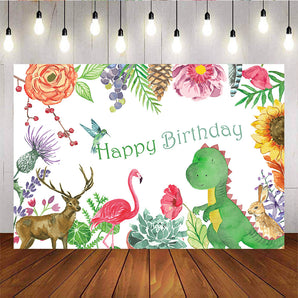 Mocsicka Safari Kids Birthday Party Decor Dinosaur Flamingo Elk and Flowers Photo Background-Mocsicka Party