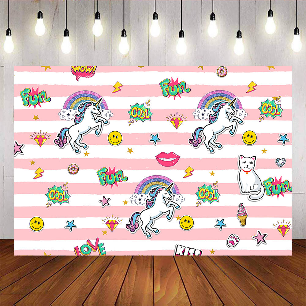Mocsicka Unicorn Theme Happy Birthday Backdrop Stickers Pink Stripes Photo Background-Mocsicka Party