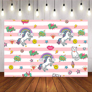 Mocsicka Unicorn Theme Happy Birthday Backdrop Stickers Pink Stripes Photo Background-Mocsicka Party