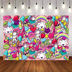 Mocsicka Kids Birthday Party Backdrop Unicorn Ice Cream High Heels Graffiti Background-Mocsicka Party