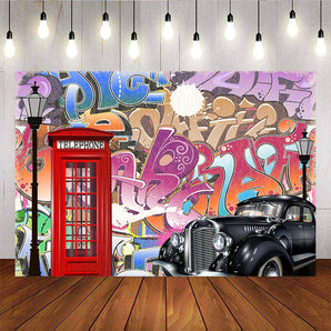 Mocsicka 80s Retro Car and Phone Booth Backdrop Graffiti Photo Background-Mocsicka Party