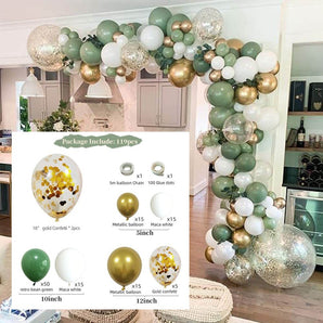 Mocsicka Balloon Arch 119Pcs Retro Bean Green White Gold Confetti and Metal Latex Balloons
