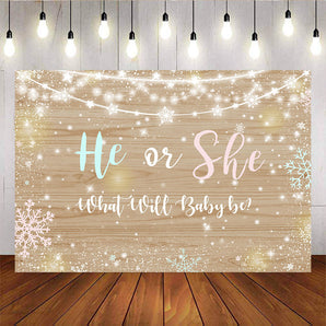 Mocsicka He or She Gender Reveal Backdrop Wooden Floor Winter Snowflake Background-Mocsicka Party