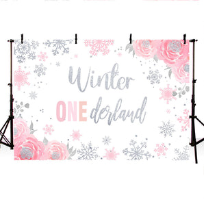 Mocsicka Winter Onederland Backdrop Sliver Snowflake Flowers Baby Shower Background