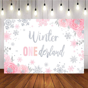 Mocsicka Winter Onederland Backdrop Sliver Snowflake Flowers Baby Shower Background-Mocsicka Party