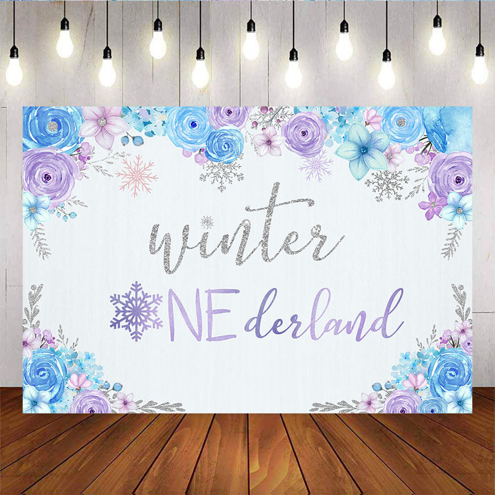 Mocsicka Winter Onederland Purple and Blue Flowers Baby Shower Backdrop-Mocsicka Party