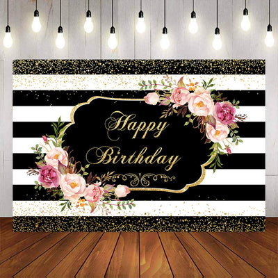 Mocsicka Stripes Flowers and Gold Gots Happy Birthday Party Supplies-Mocsicka Party
