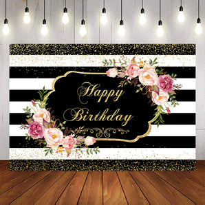 Mocsicka Stripes Flowers and Gold Gots Happy Birthday Party Supplies-Mocsicka Party