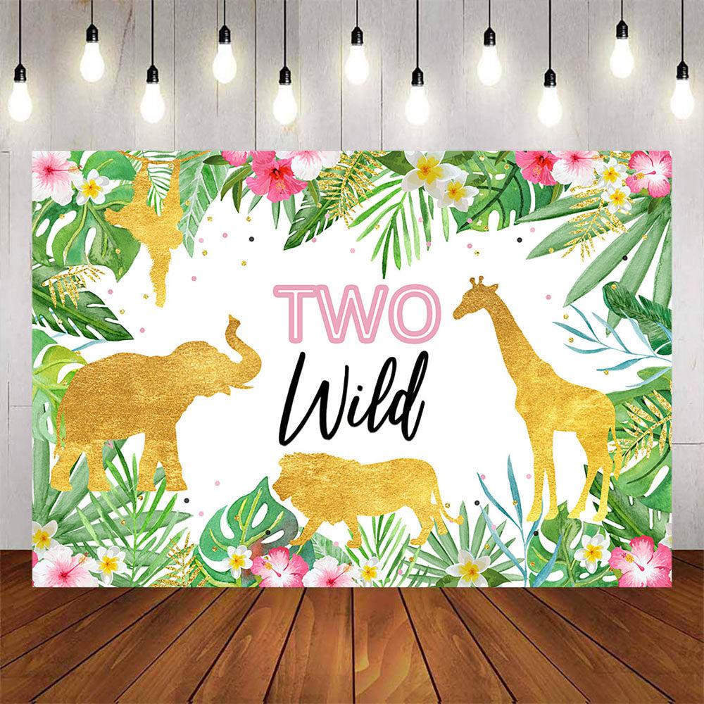 Mocsicka Gold Animals Plam Leaves and Fowers Happy 2 Birthday Backdrops-Mocsicka Party