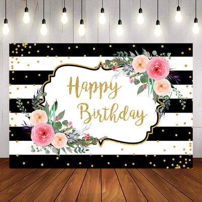Mocsicka Happy Aduit Birthday Black Stripes Flowers and Gold Dots Backdrops-Mocsicka Party