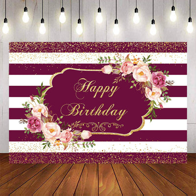 Mocsicka Pruple White Stripes Flowers and Gold Gots Happy Birthday Background-Mocsicka Party