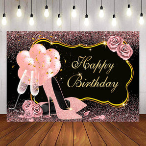 Mocsicka Pink Champagne Balloons and High Heels Happy Birthday Backdrop-Mocsicka Party