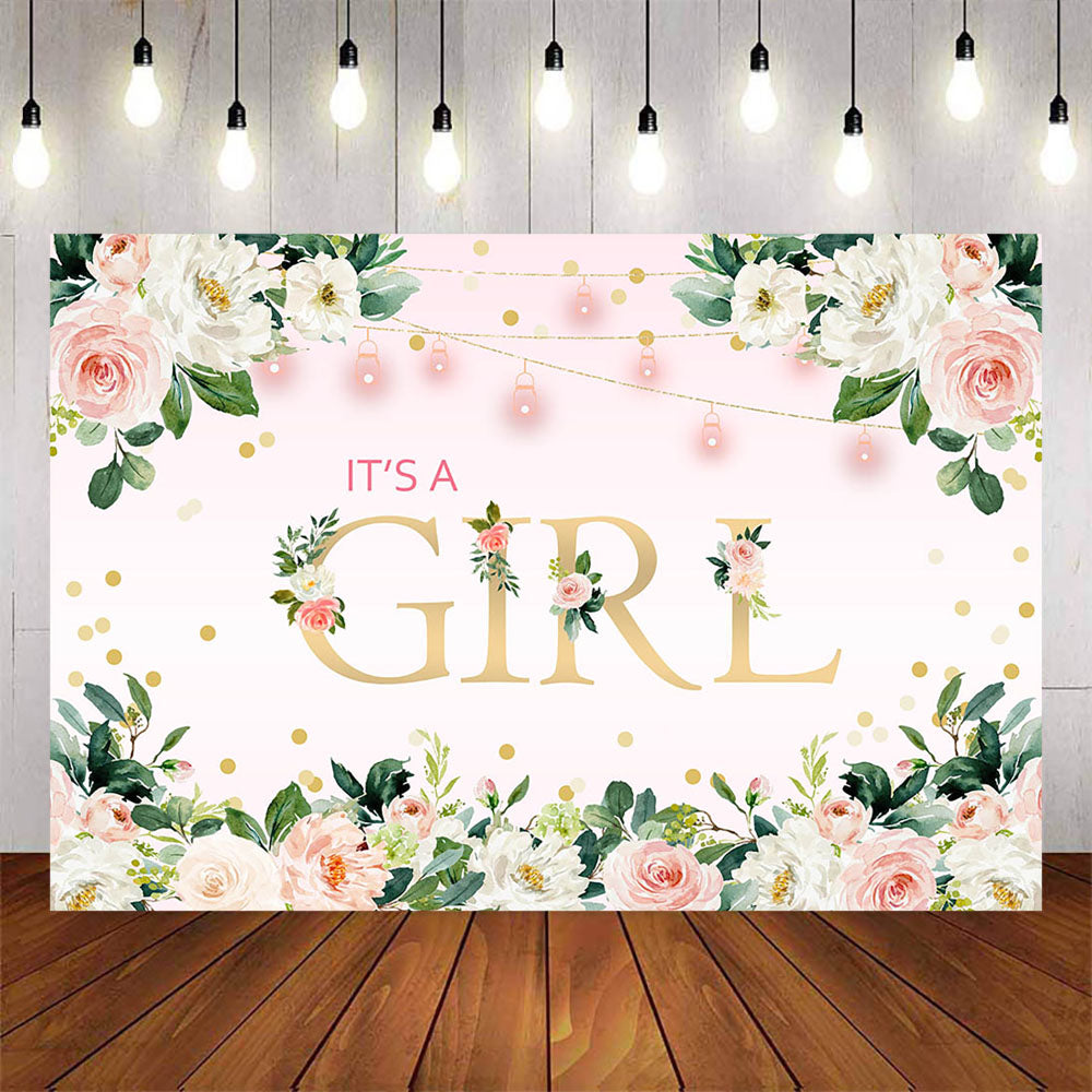 Mocsicka It's a Girl Flowers and Gold Dots Baby Shower Backdrop-Mocsicka Party