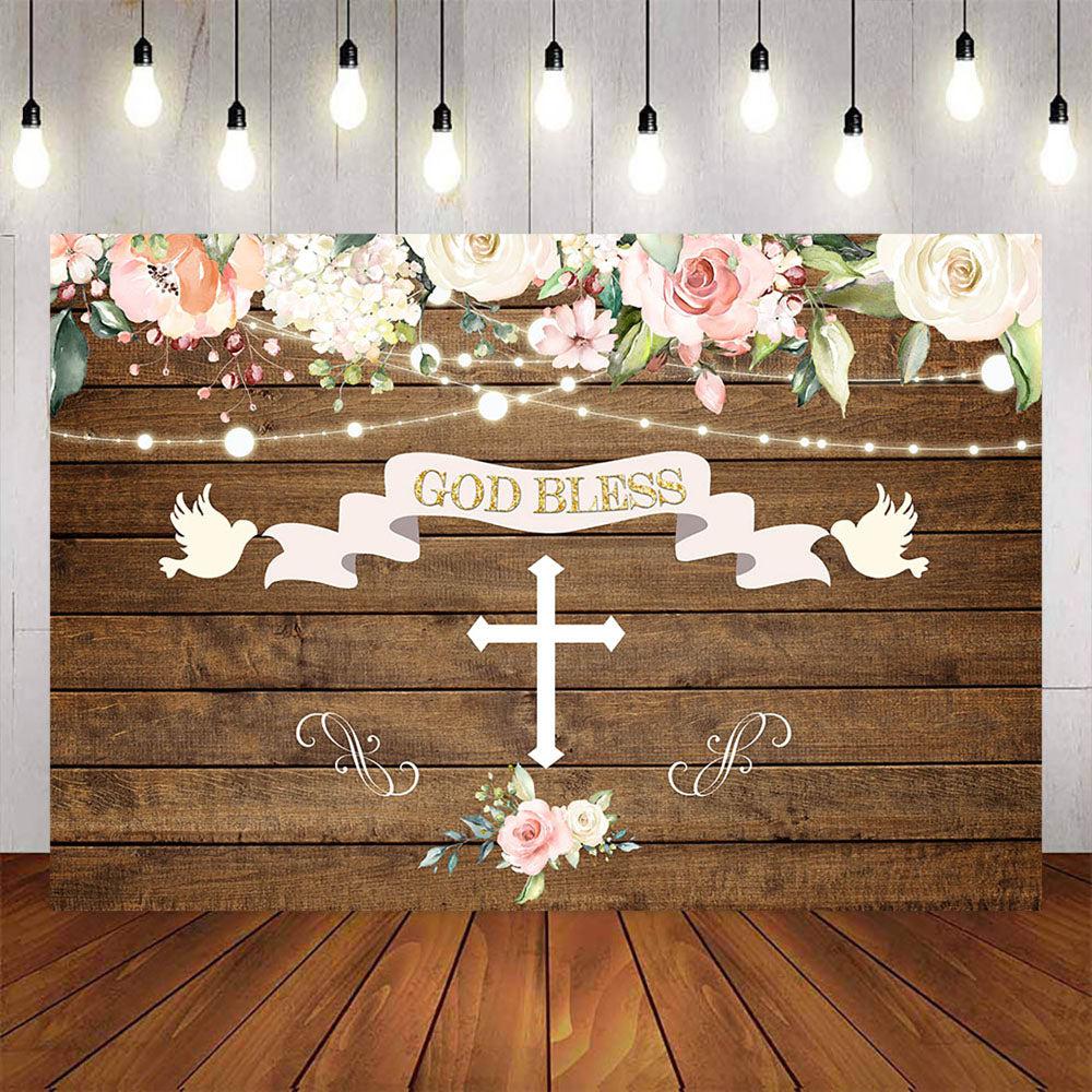 Mocsicka God Bless Baptism Backdrop Cross and Flowers Photo Banners-Mocsicka Party