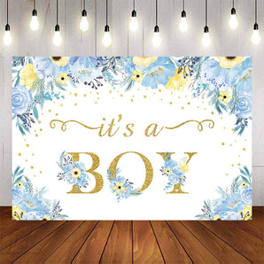 Mocsicka It's a Boy Flowers and Gold Dots Baby Shower Backdrop-Mocsicka Party