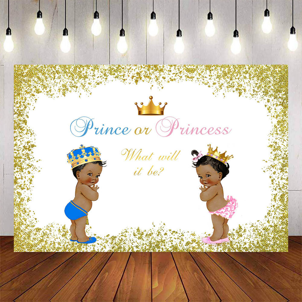 Mocsicka Prince or Princess Gender Reveal Gold Crown Backdrop-Mocsicka Party