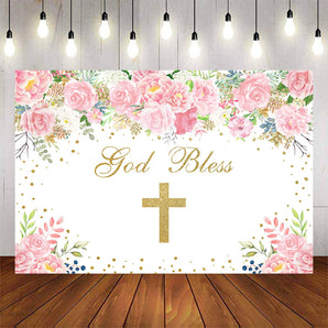 Mocsicka Baptism Backdrop God Bless and Gold Cross Photo Banners-Mocsicka Party